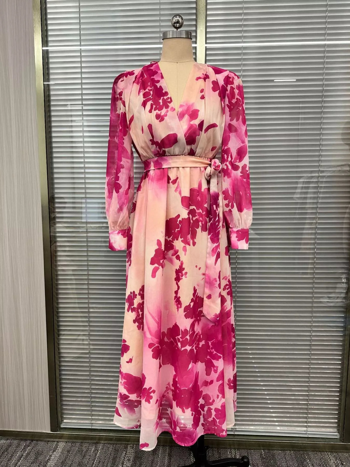 Floral Print Maxi Dress with Waist Tie in Hot Pink