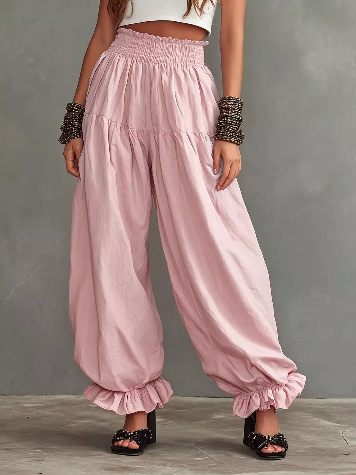 Smocked Ruffle Hem Wide Leg Pants