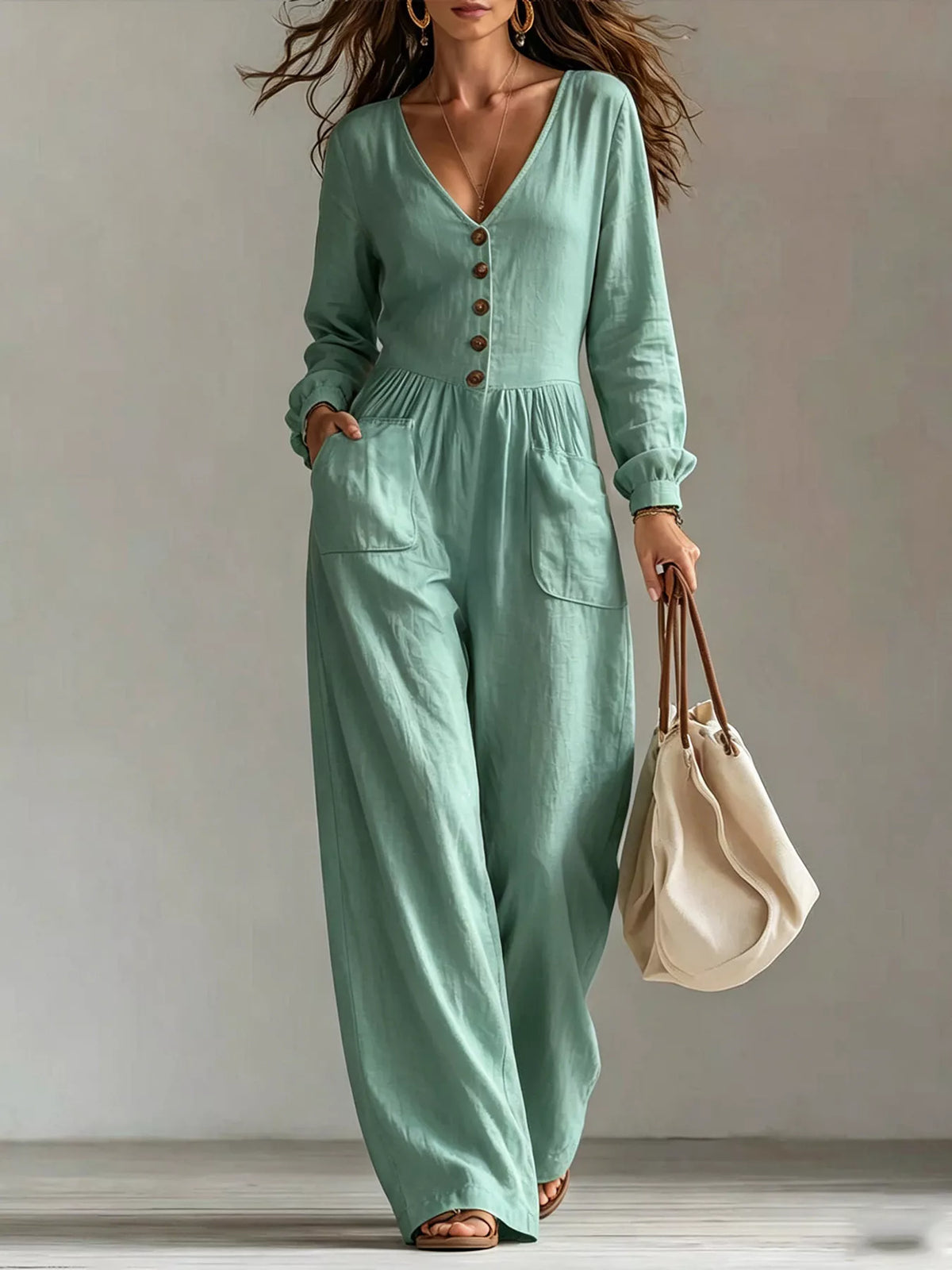 V-Neck Button Front Wide-Leg Jumpsuit