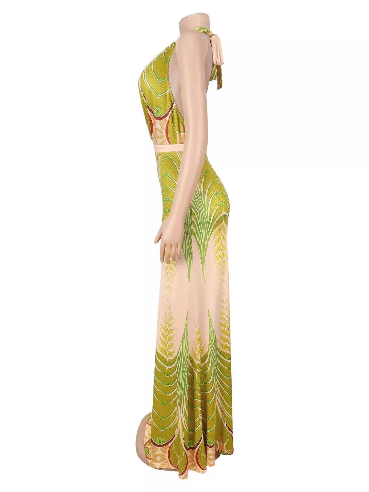 Halter Neck Maxi Dress with Gradient Leaf Print in Yellow-Green