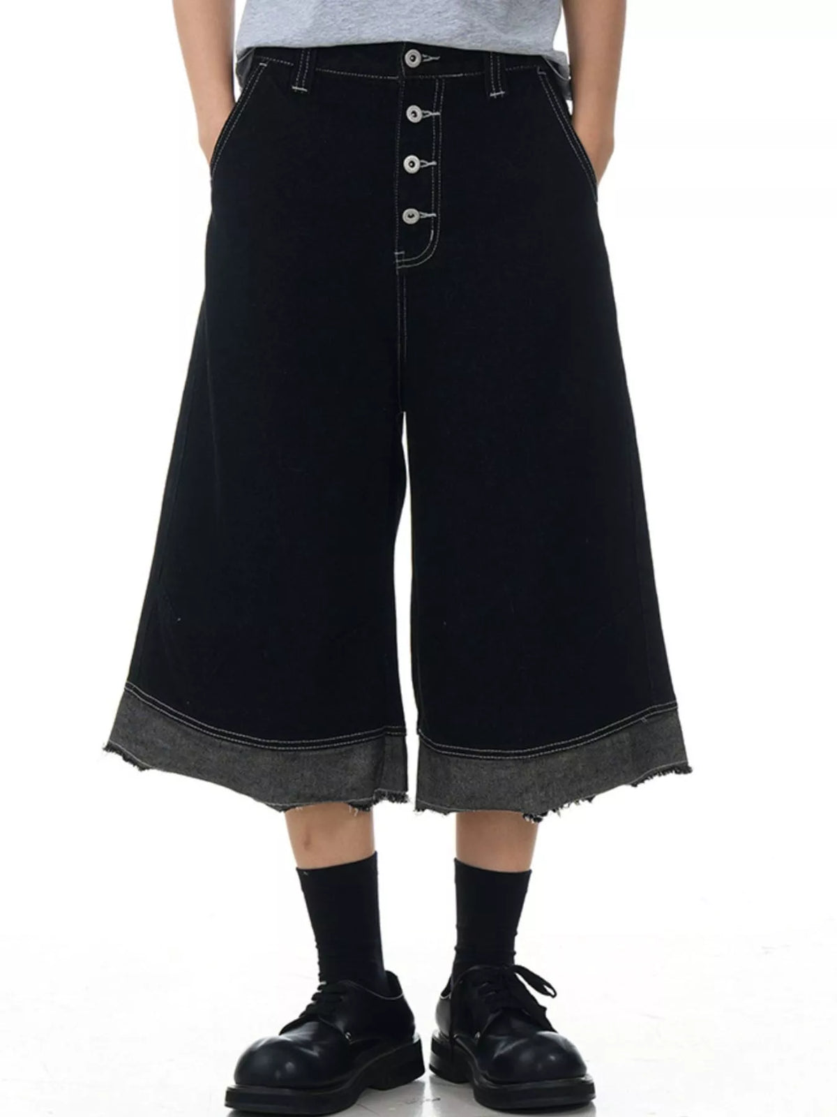 Wide Leg Denim Capris in Black by Firm Stand