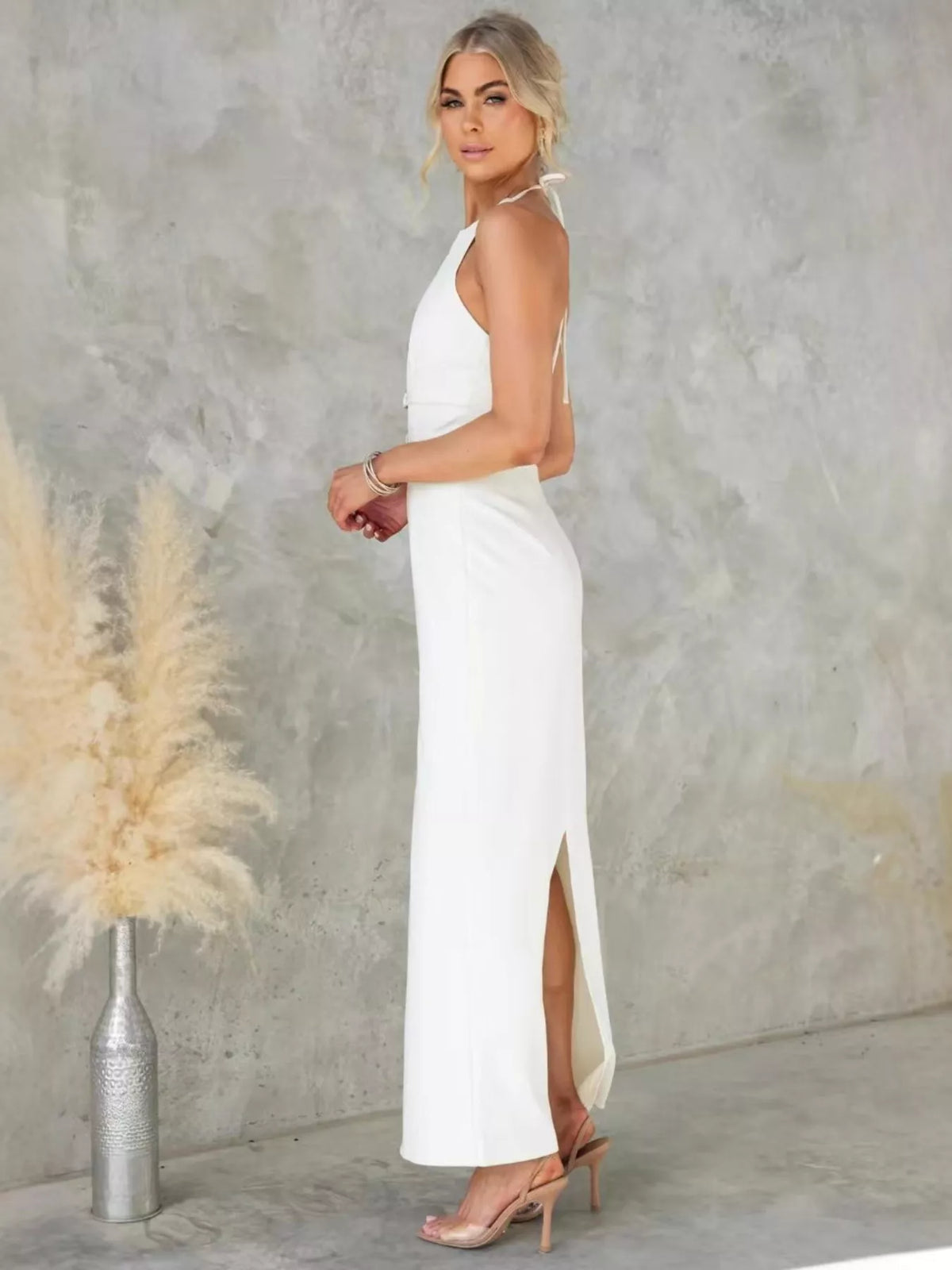 Slit-Back Halter Maxi Dress in Gray/White
