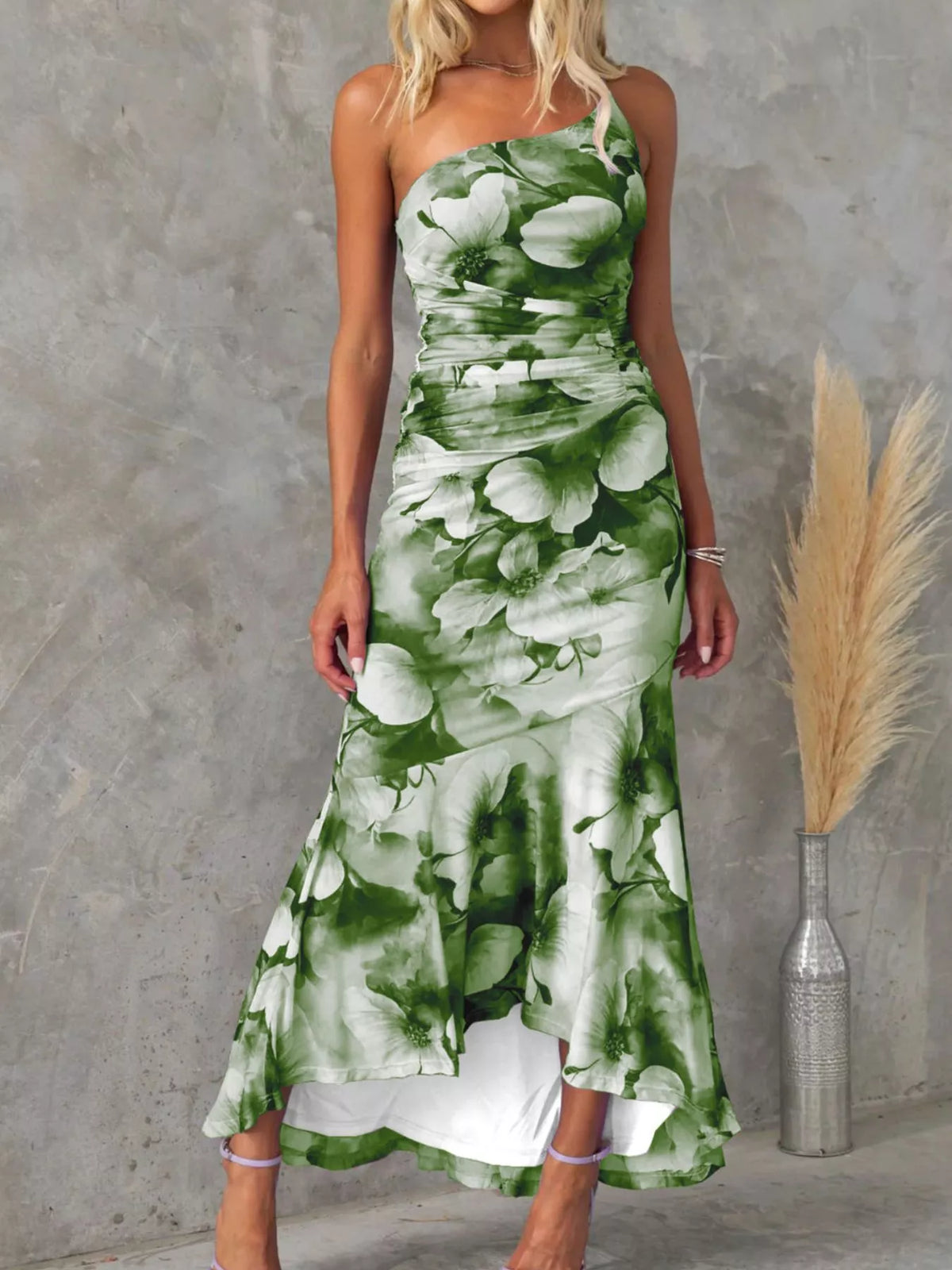 Floral One-Shoulder Ruched Maxi Dress