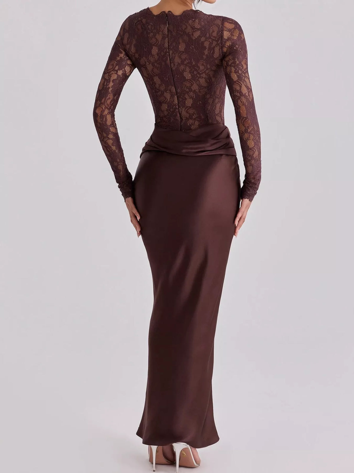 Long-Sleeve Lace and Satin Patchwork Maxi Dress