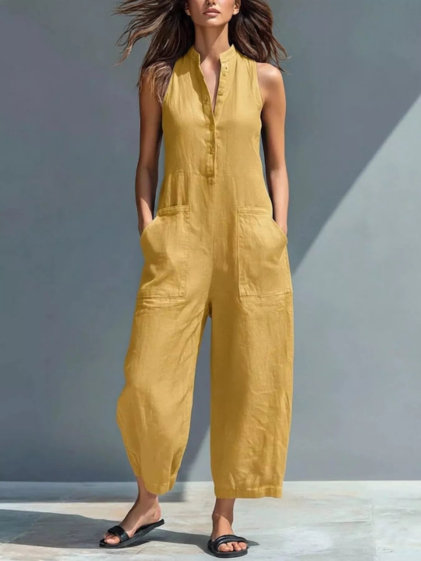 Button Front Sleeveless Jumpsuit