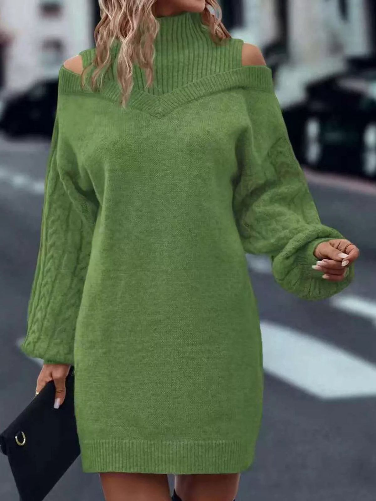 Cable-Knit Cold-Shoulder Mock-Neck Sweater Dress