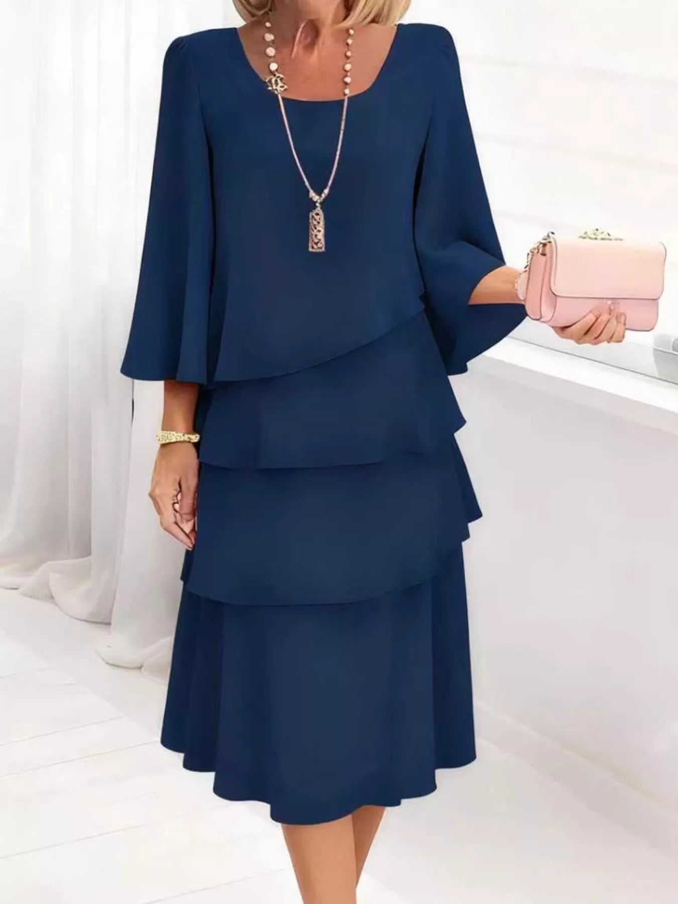 Ruffled Layered 3/4-Sleeve Dress, Plus Size