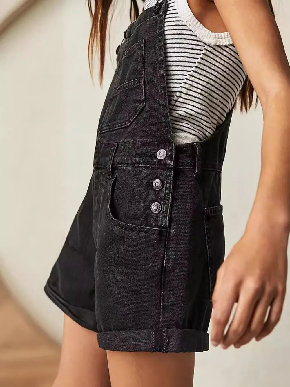 Square Neck Wide Strap Denim Overalls in Black by Dreamy Drapes