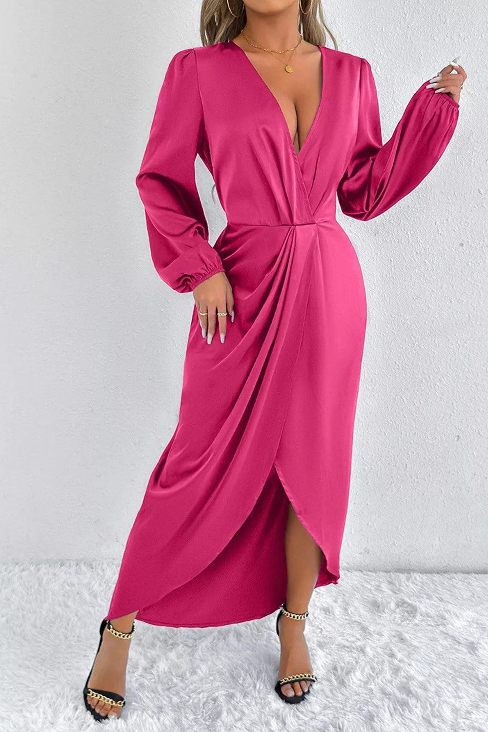 Satin Balloon Sleeve Midi Dress with Side Split
