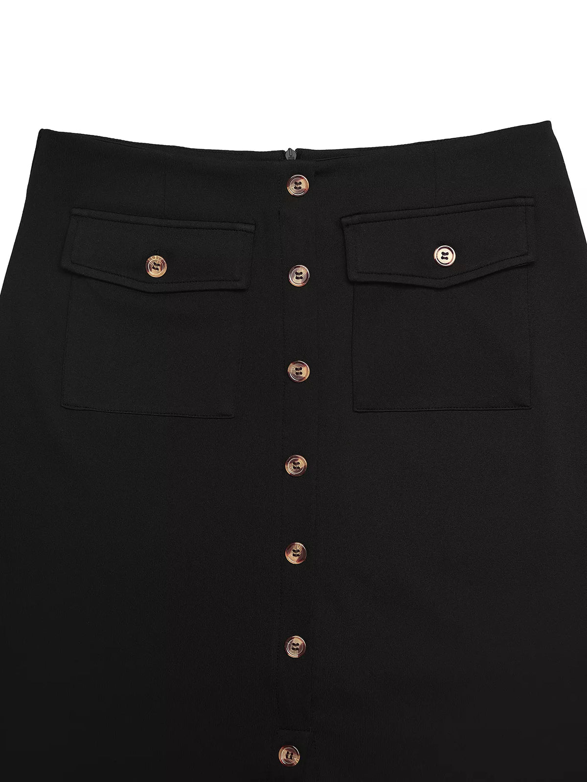 Button-Front Pocketed Midi Skirt in Black