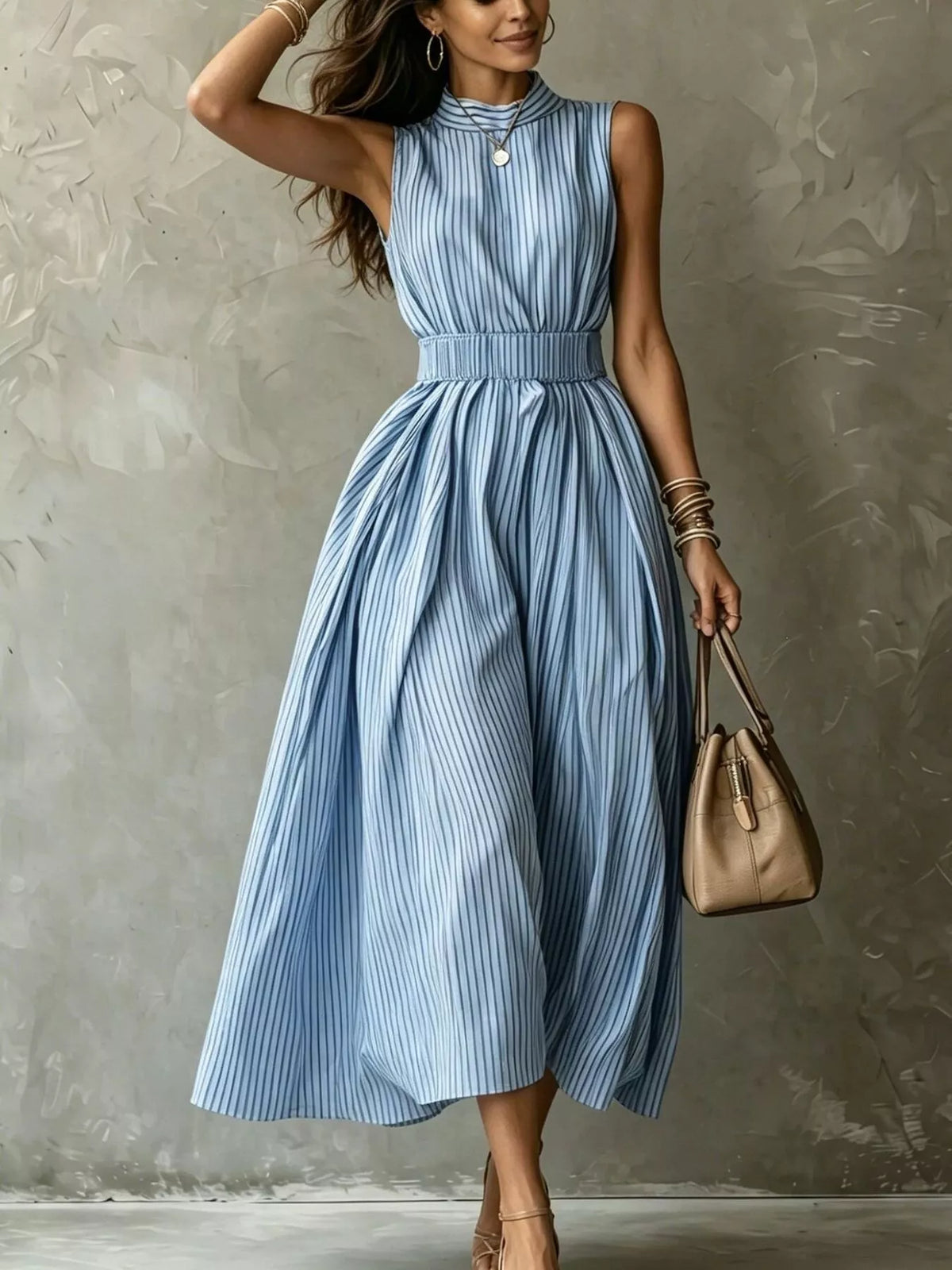 Striped Smocked Mock Neck Maxi Dress