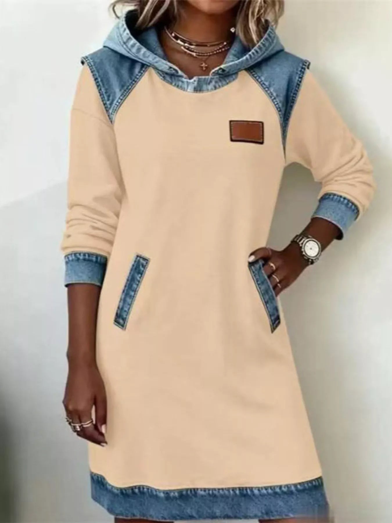 Hooded Denim Patchwork Sweatshirt Dress