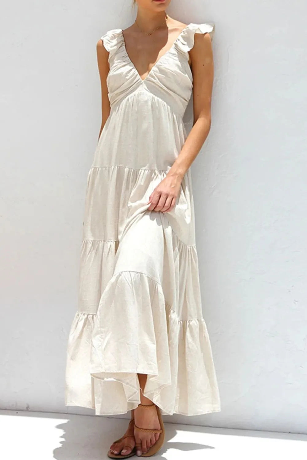 Ruffled V-Neck Tiered Cotton Dress