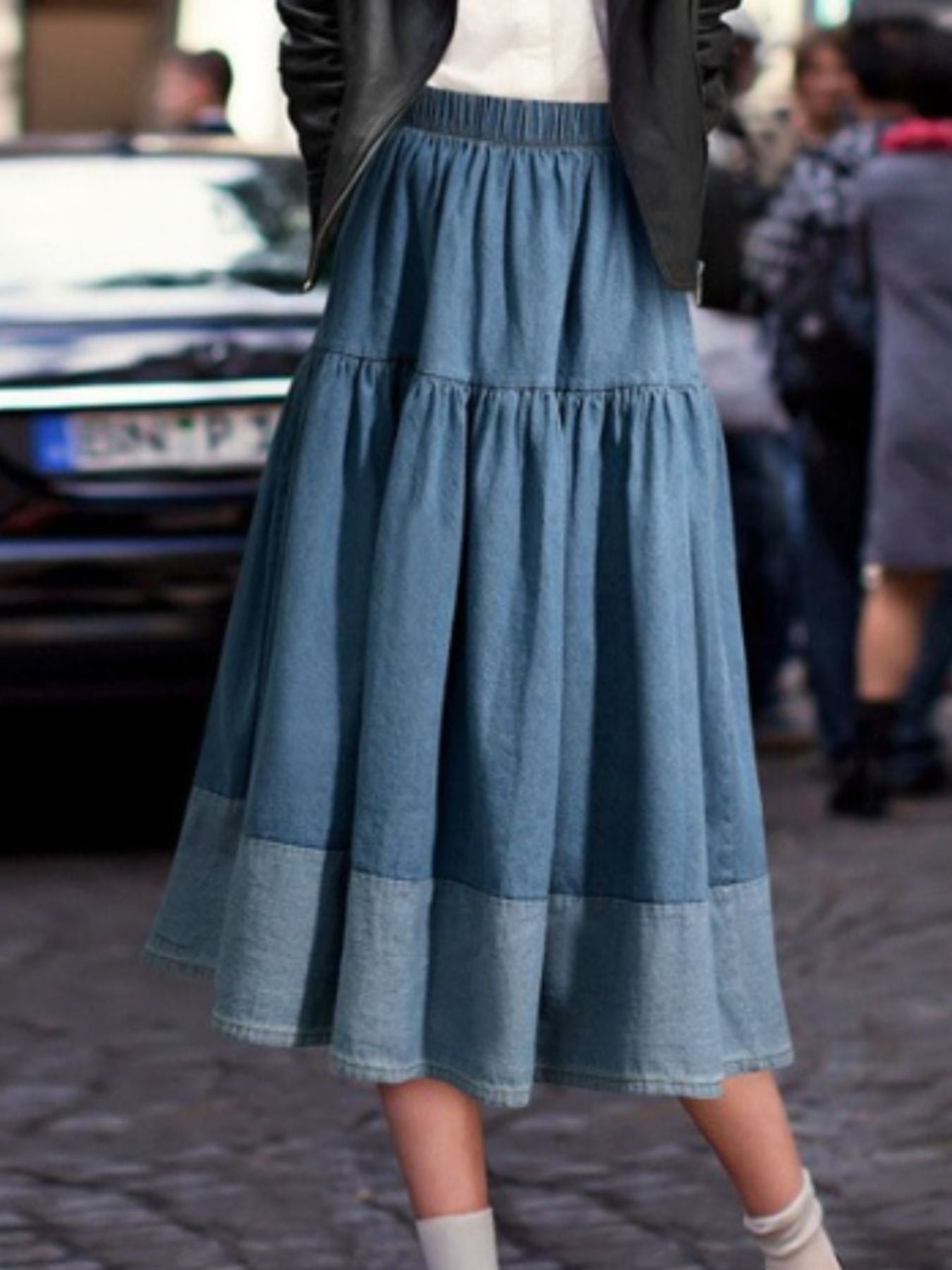 Tiered Denim-Style Midi Skirt