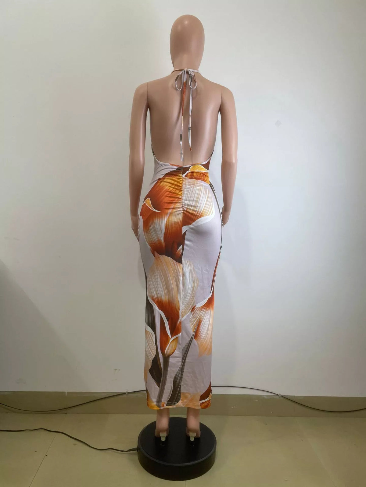 Floral Print Cowl Neck Backless Maxi Dress in Ochre