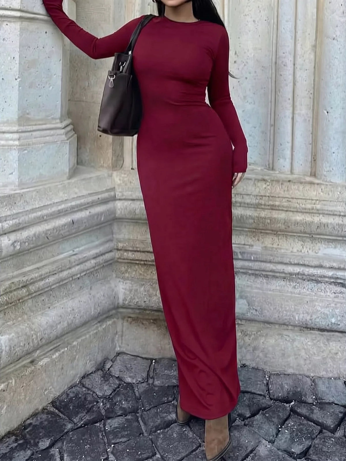 Long-Sleeve Bodycon Maxi Dress in Wine Red