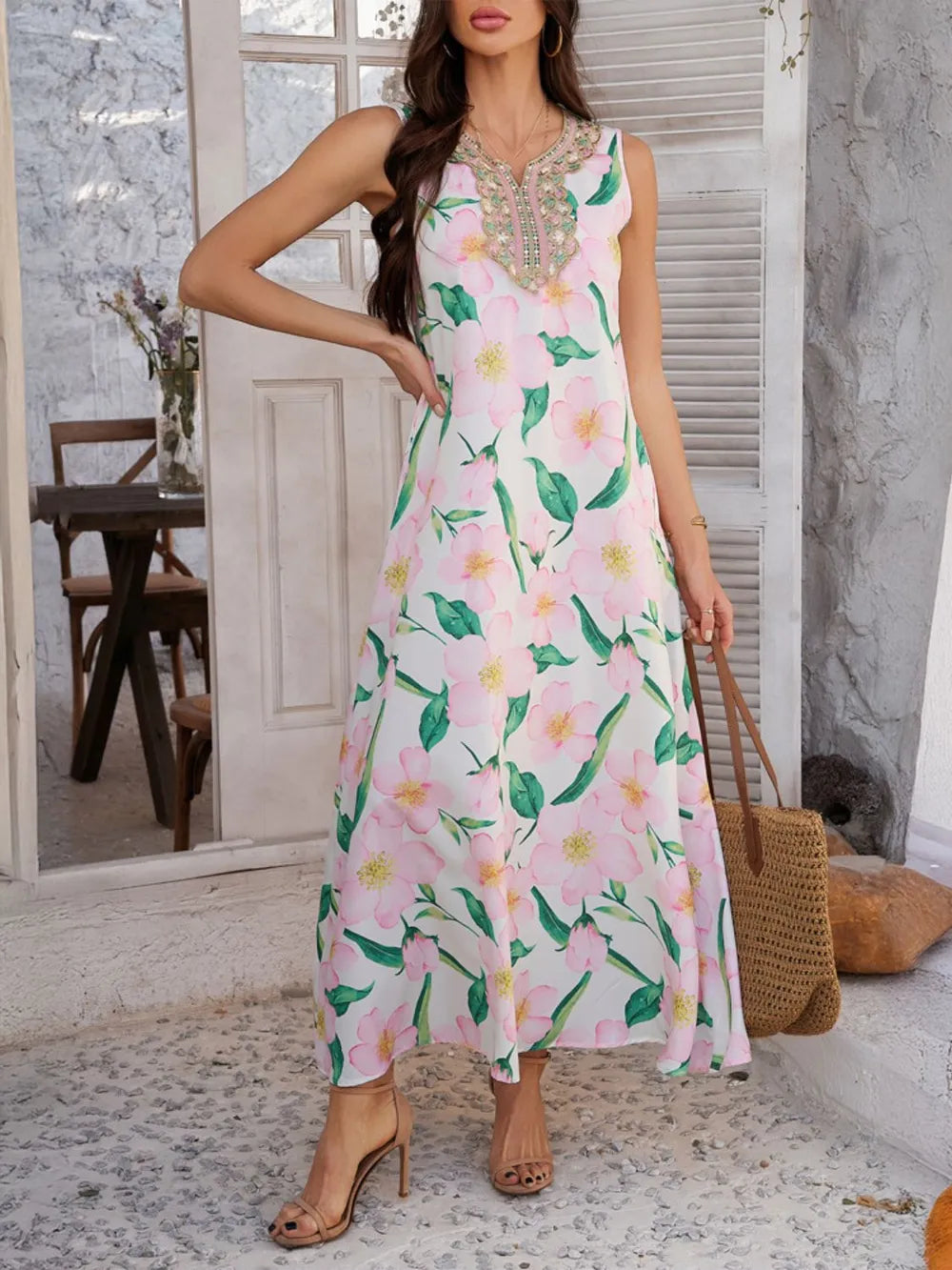 Printed Sleeveless Maxi Dress with Pockets