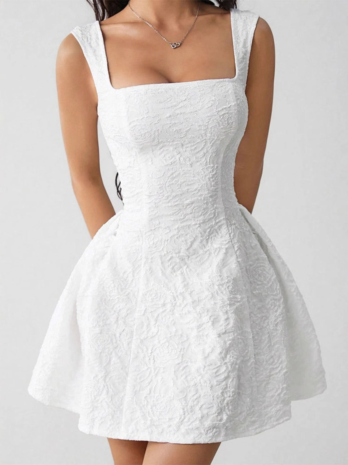 Textured Square Neck Mini Dress in White