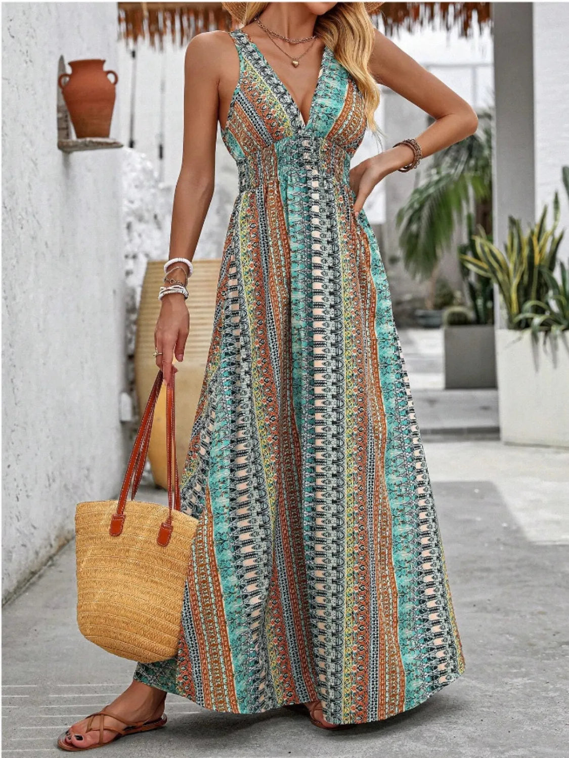 Tied-Back Printed Maxi Slit Dress