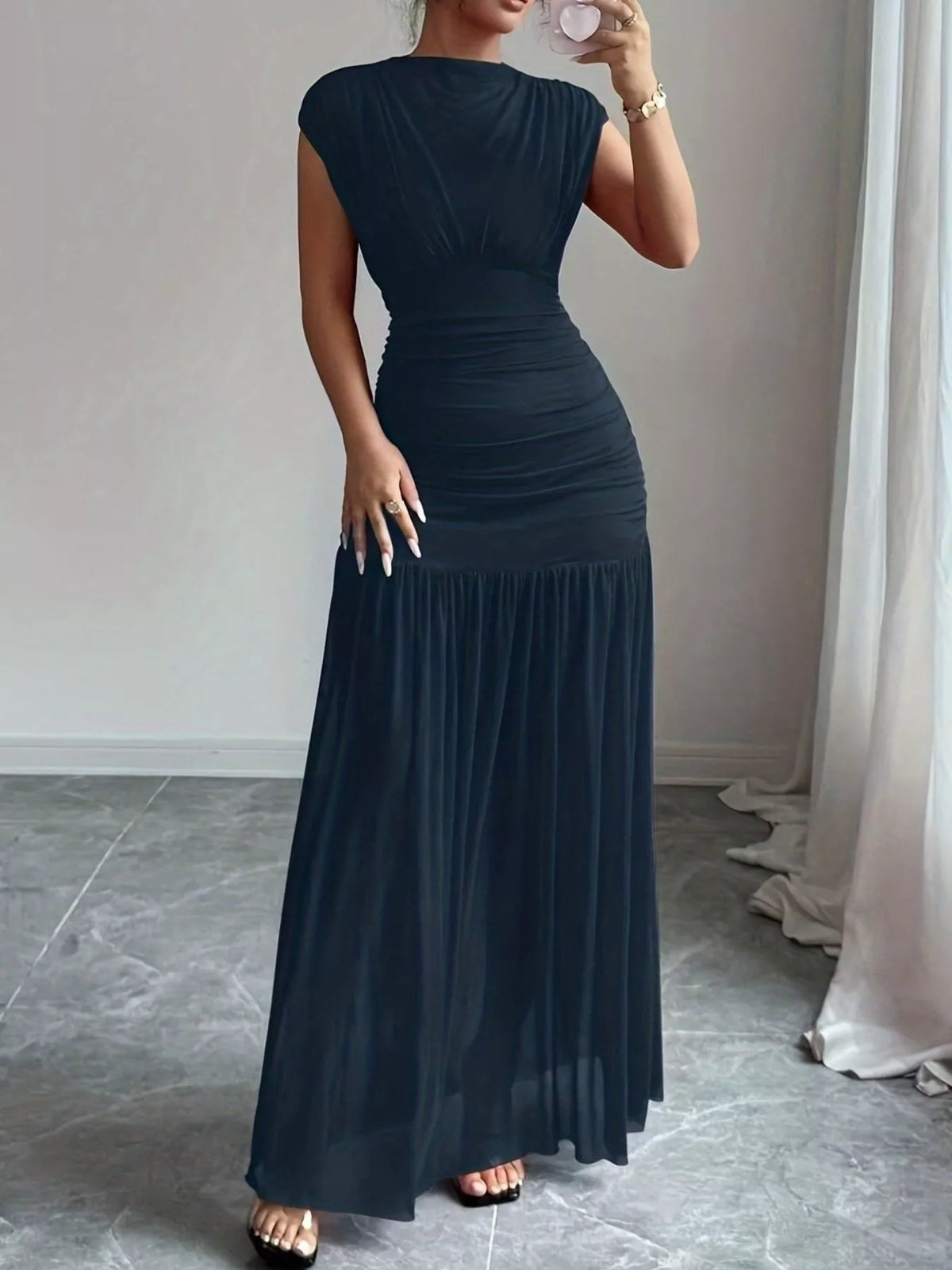 Ruched Bodycon Maxi Dress in Navy