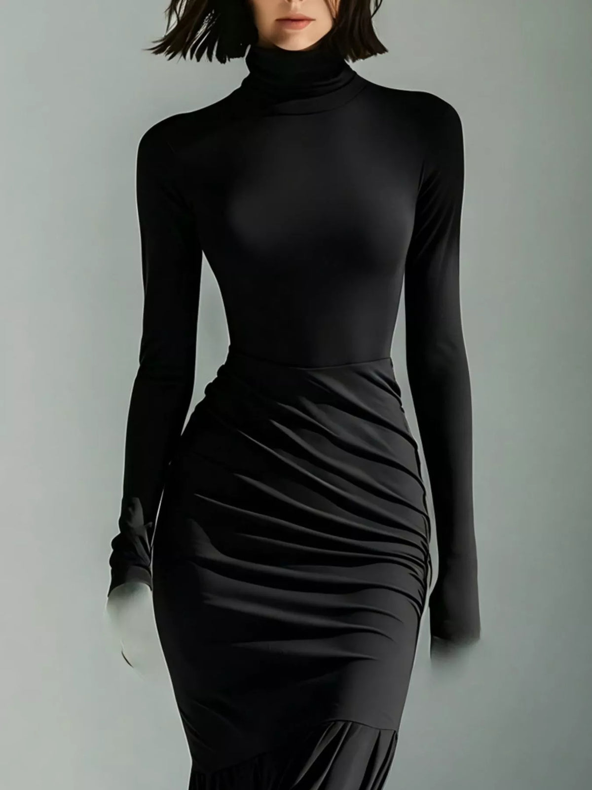 Slit Turtleneck Ruched Bodycon Mermaid Dress, Full Size