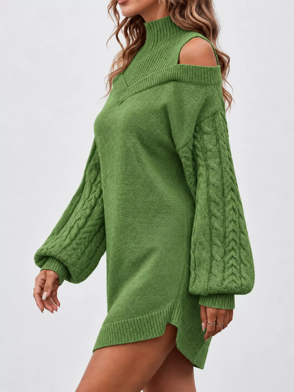 Cable-Knit Cold-Shoulder Mock-Neck Sweater Dress