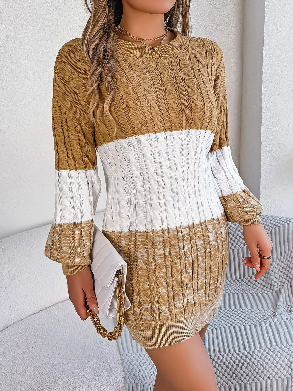 Color Block Cable Knit Sweater Dress