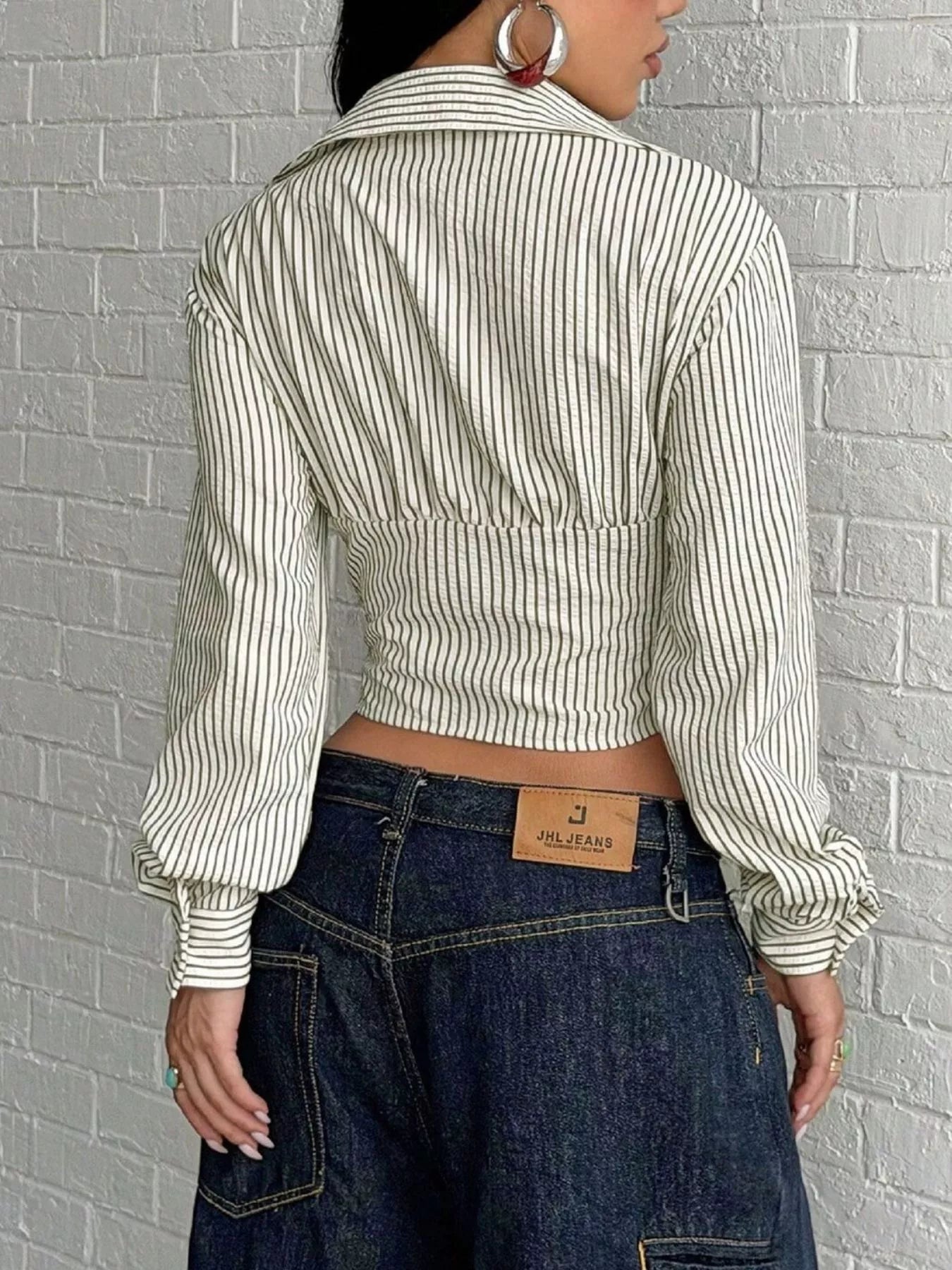 Deep V-Neck Striped Long Sleeve Blouse in Apricot