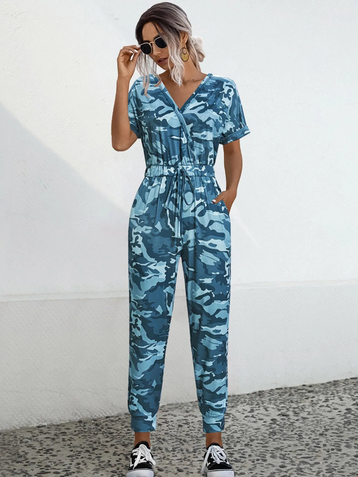 Drawstring Waist Short Sleeve Jumpsuit