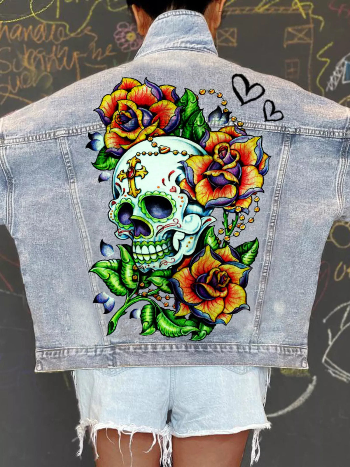 Skull Graphic Denim Jacket in Light Blue