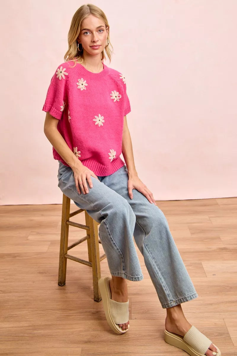 Fuchsia Lemon Flower Embroidered Knit Top in Fuchsia/Lemon by BiBi