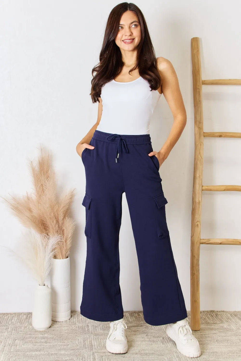 Risen Drawstring Cargo Wide Leg Pants in Dark Blue