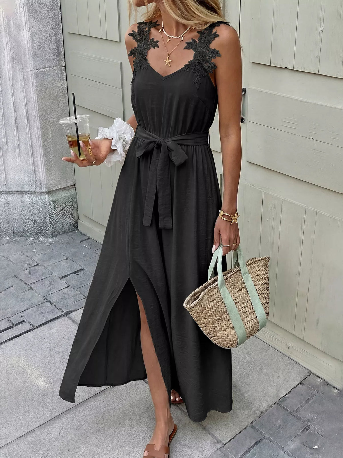 Lace Trim Slit Maxi Dress in Black