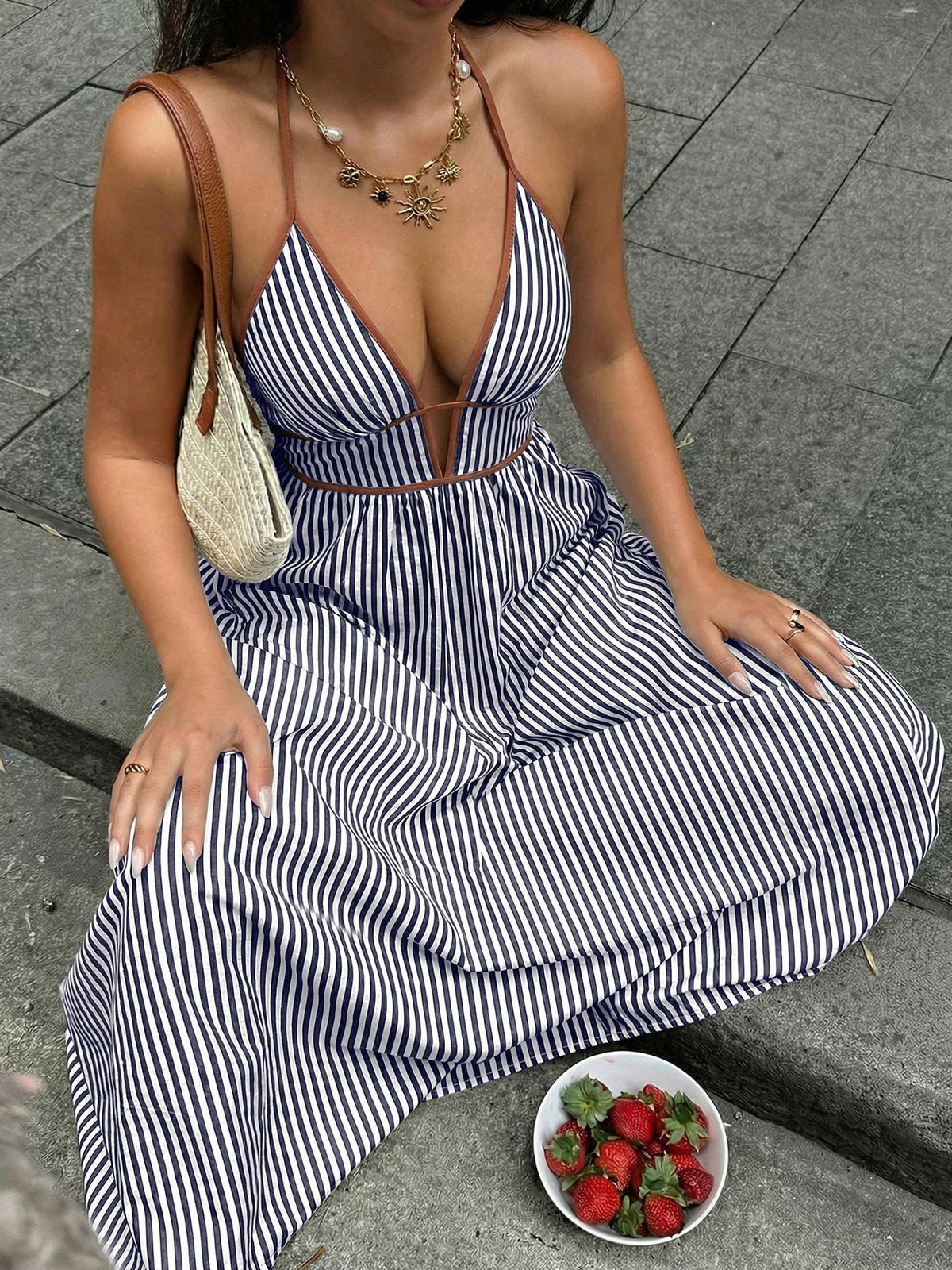 Striped Halter Neck Maxi Dress with Contrast Trim