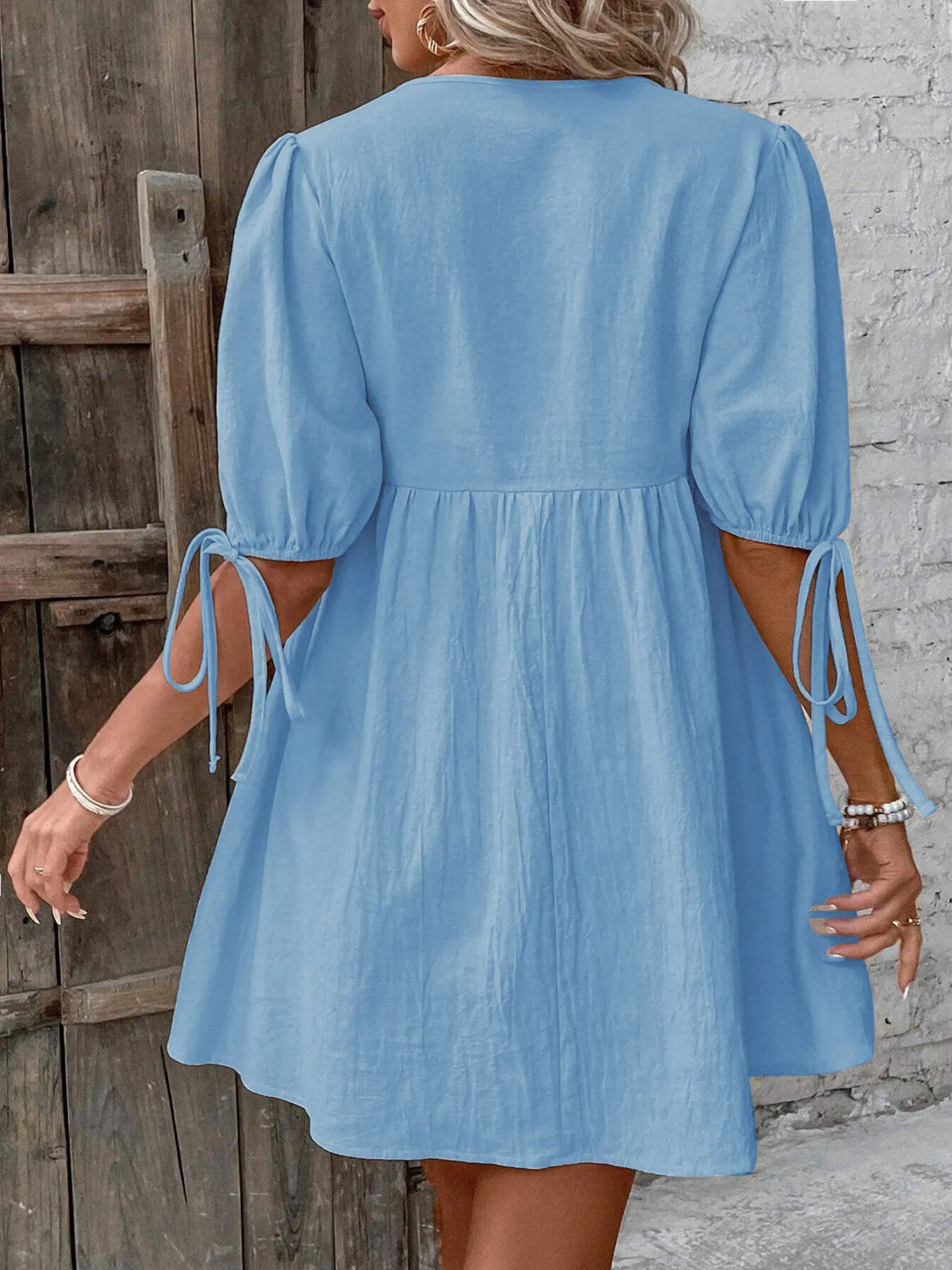 V-Neck Tie-Front Mini Dress with Puff Sleeves