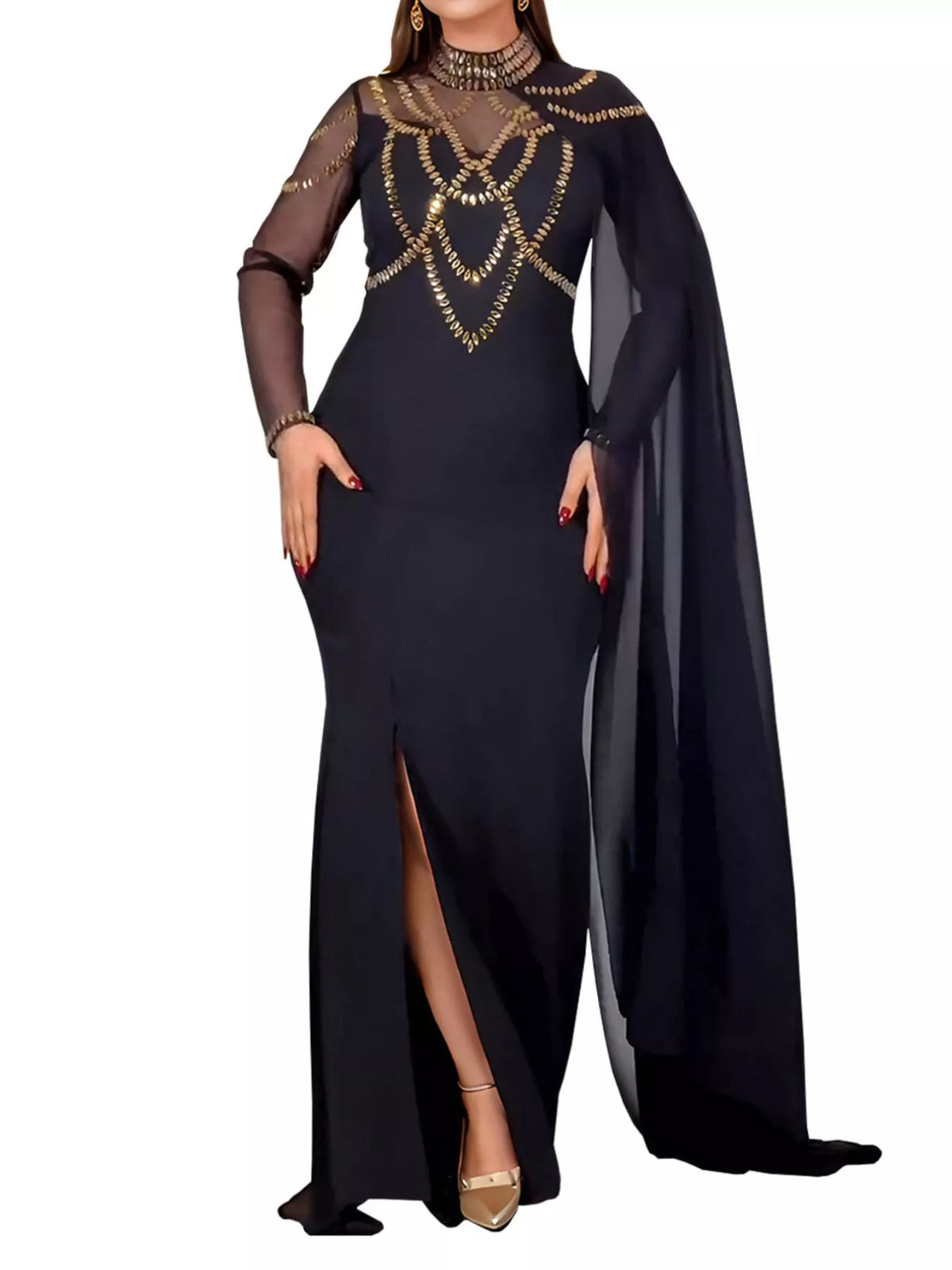 Rhinestone Cape Sleeve Maxi Dress