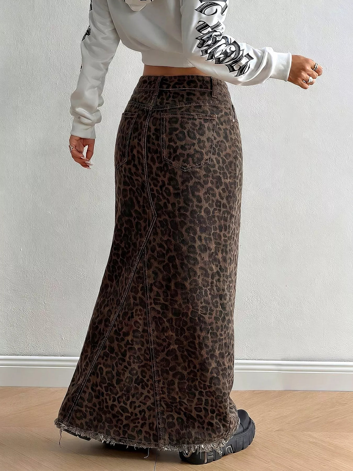 Leopard Print Denim Maxi Skirt
