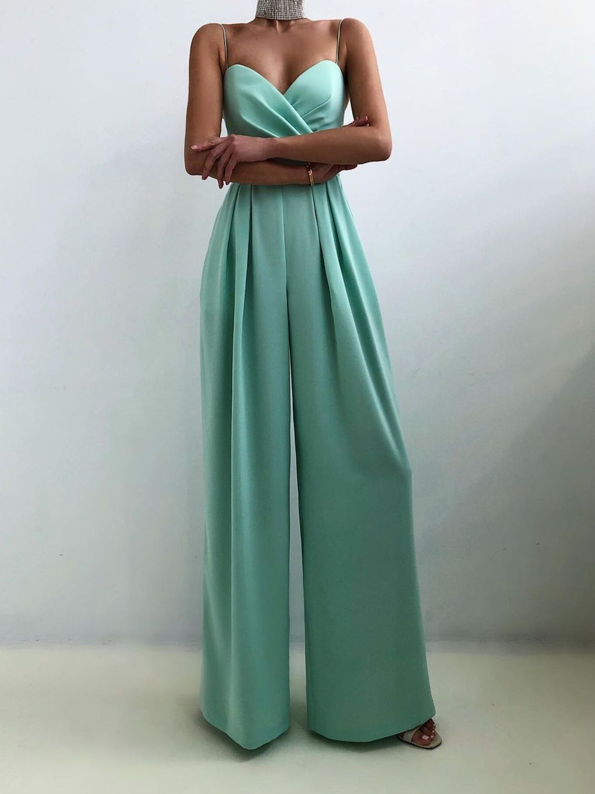 Ruched Wide Leg Jumpsuit with Spaghetti Straps