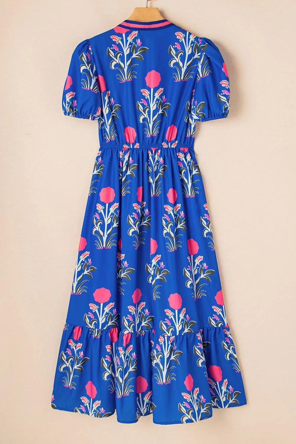Floral Notched Puff Sleeve Dress in Royal Blue