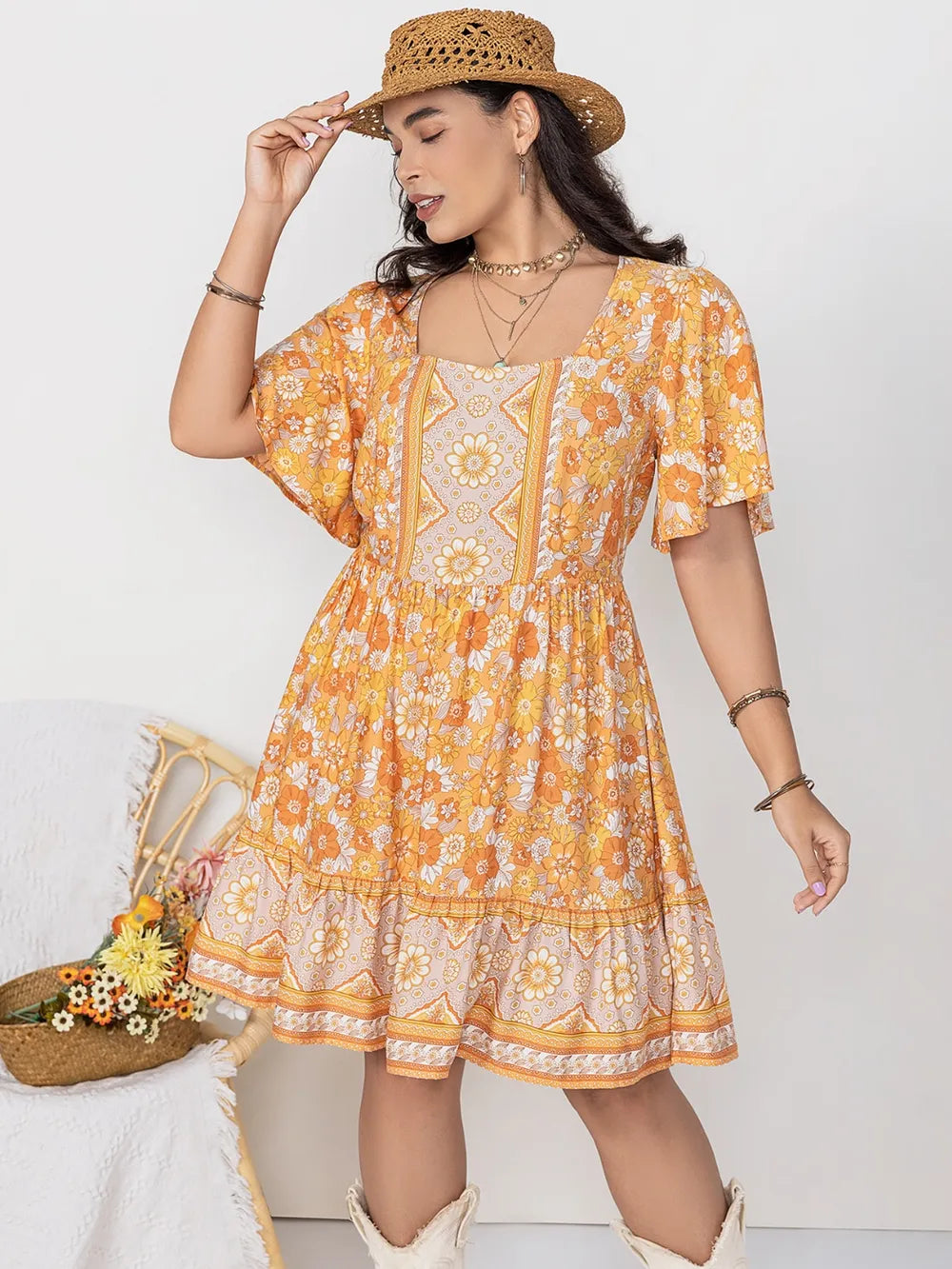 Square Neck Short Sleeve Plus Size Dress in Gold