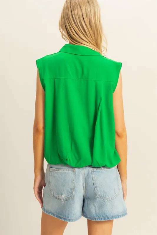 Hyfve Buttoned Front Sleeveless Collar Shirt in Kelly Green