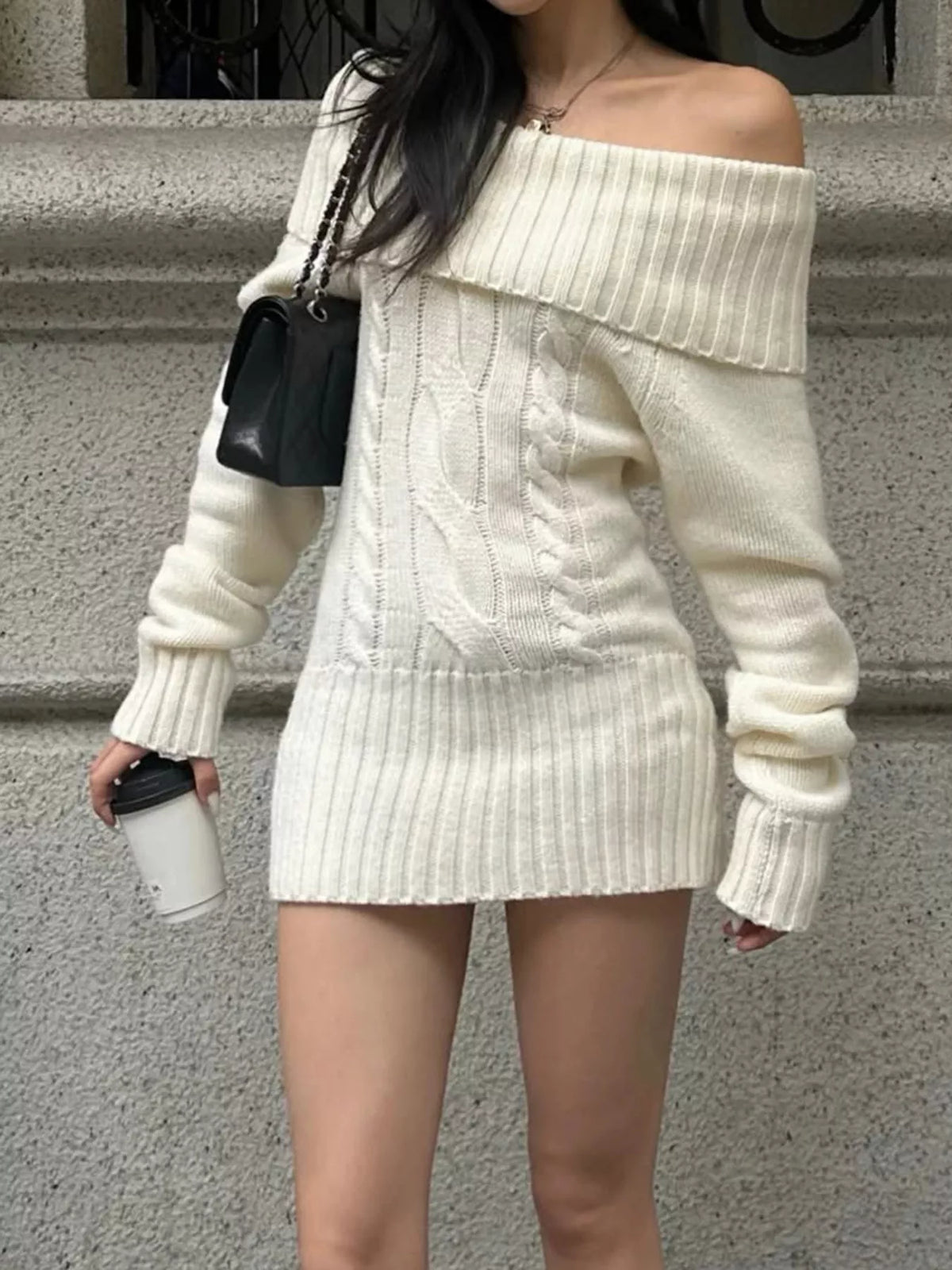 Off-Shoulder Cable Knit Sweater Dress in White