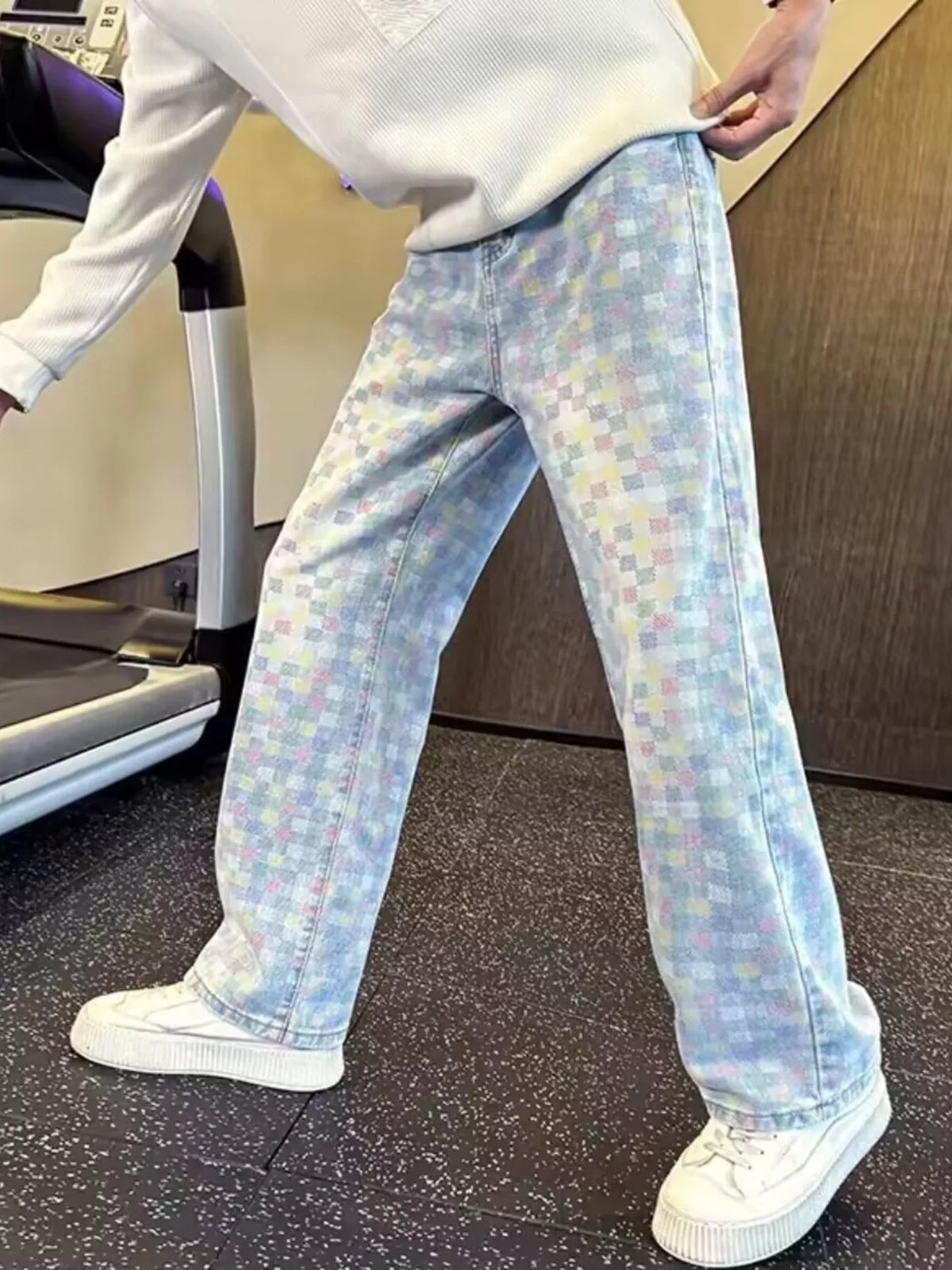 Pastel Checkerboard Wide-Leg Jeans in Light by Firm Stand