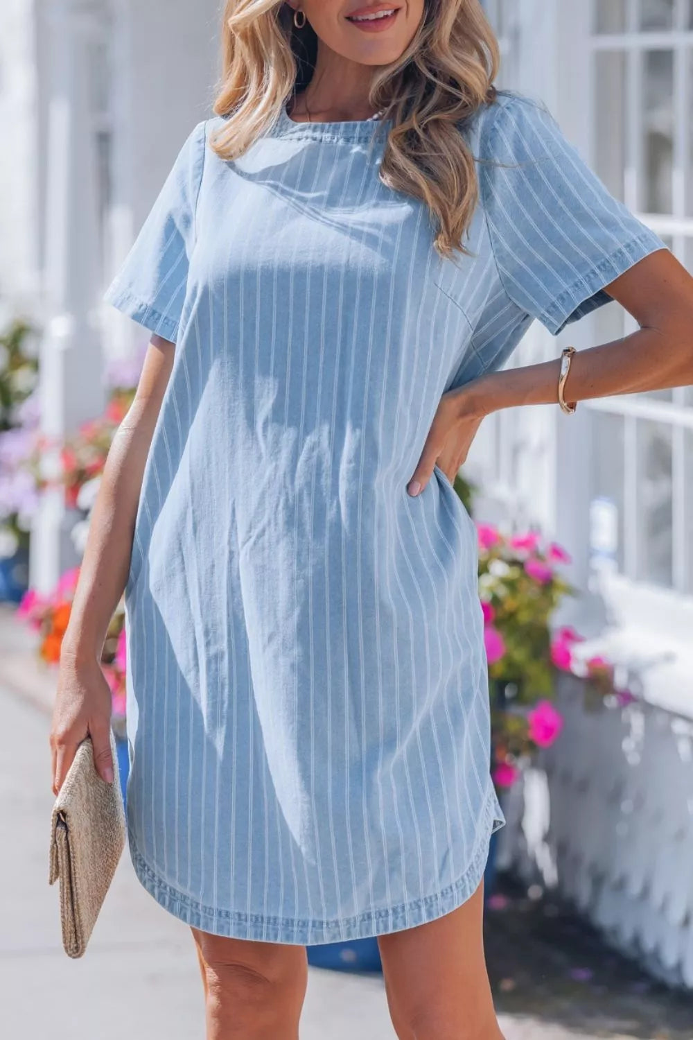 Striped Buttoned-Back Denim Mini Dress in Light Blue