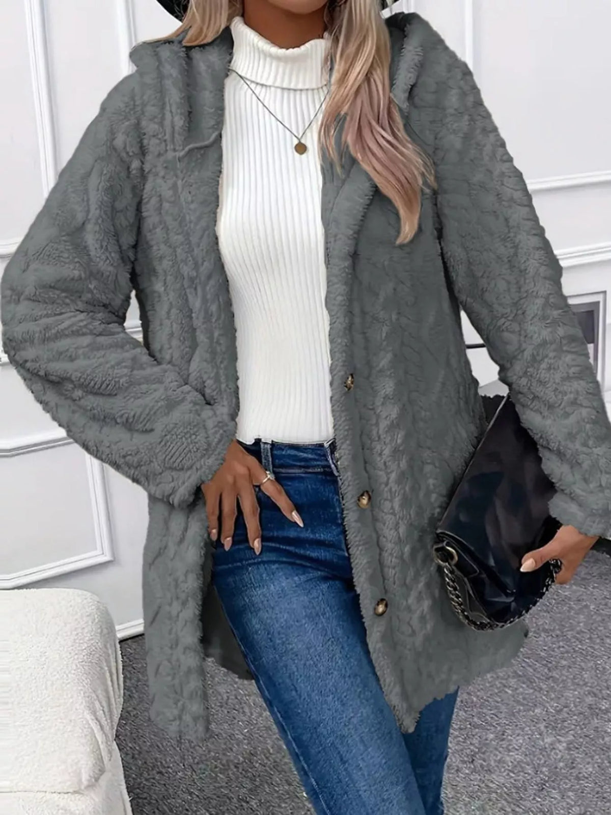 Cozy Cable-Knit Faux Fur Hooded Jacket