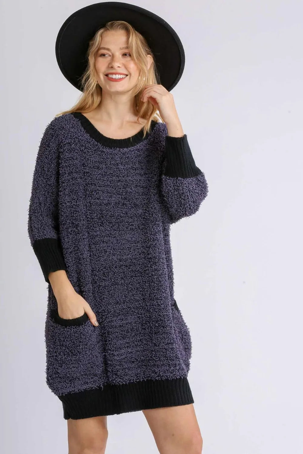 Umgee Ribbed Hem Sweater Dress in Black