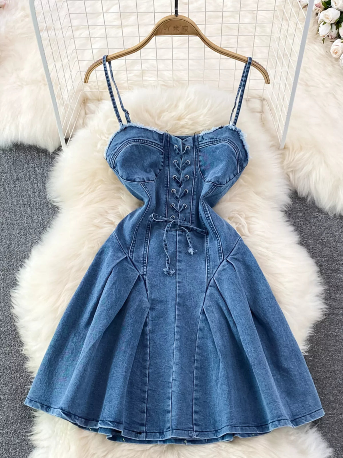 Lace-Up Denim A-Line Mini Dress in Blue