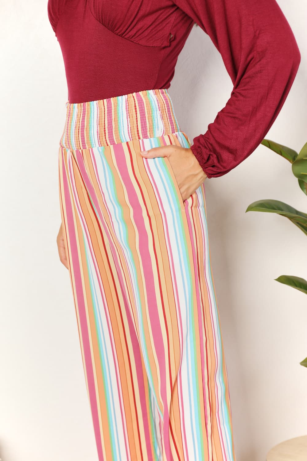 Double Take Striped Smocked Waist Pants with Pockets in Multicolor