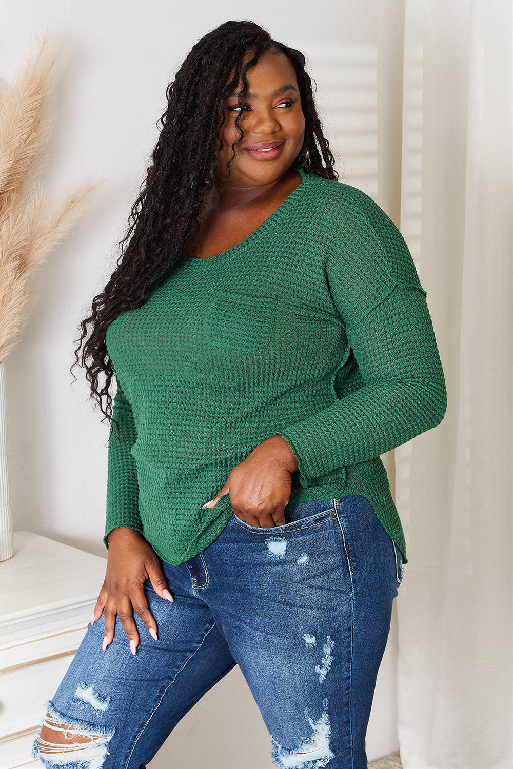 Culture Code Scoop Neck Patch Pocket Top in Dark Green