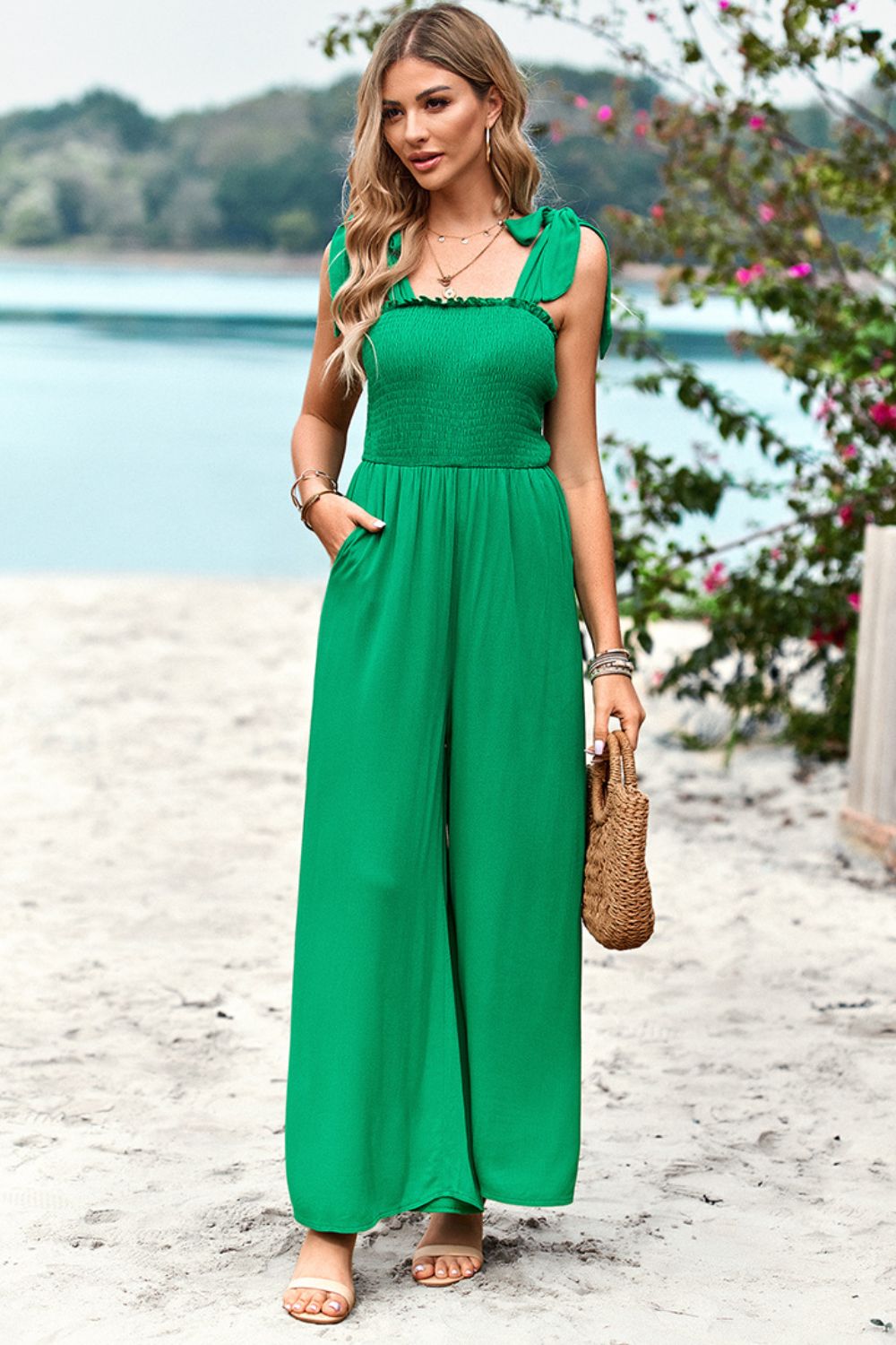 Frill Trim Tie-Shoulder Wide Leg Jumpsuit by DY